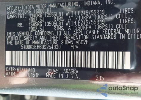 2013 Toyota Highlander Limited V6 z USA, uszkodzony, nr VIN 5TDDK3EH6DS254830